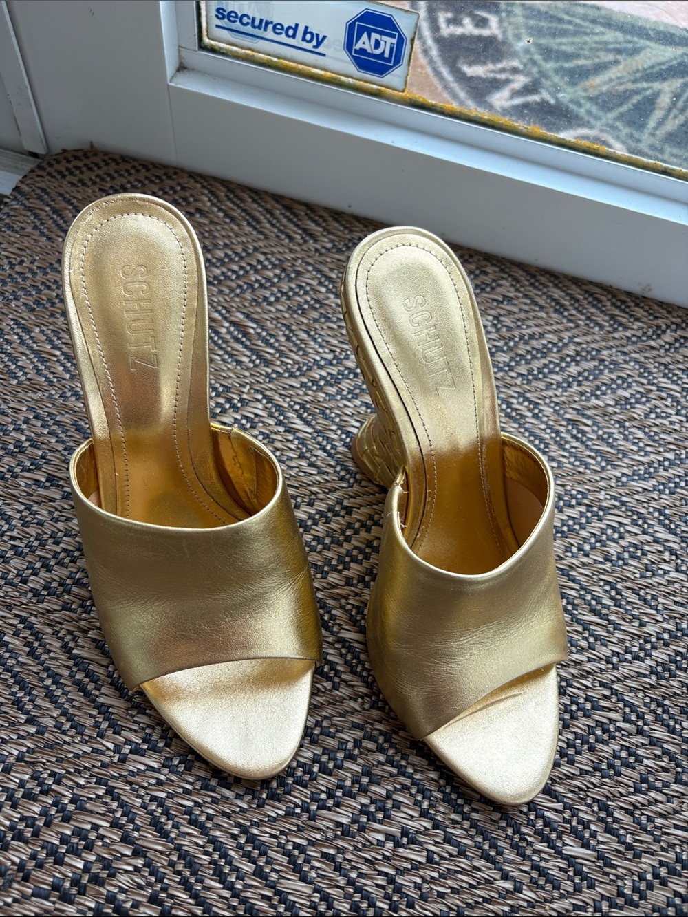SCHUTZ Gold Metallic Open-Toe Mule Heels